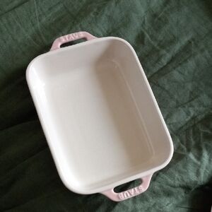 Staub White Dish with Pink Handles